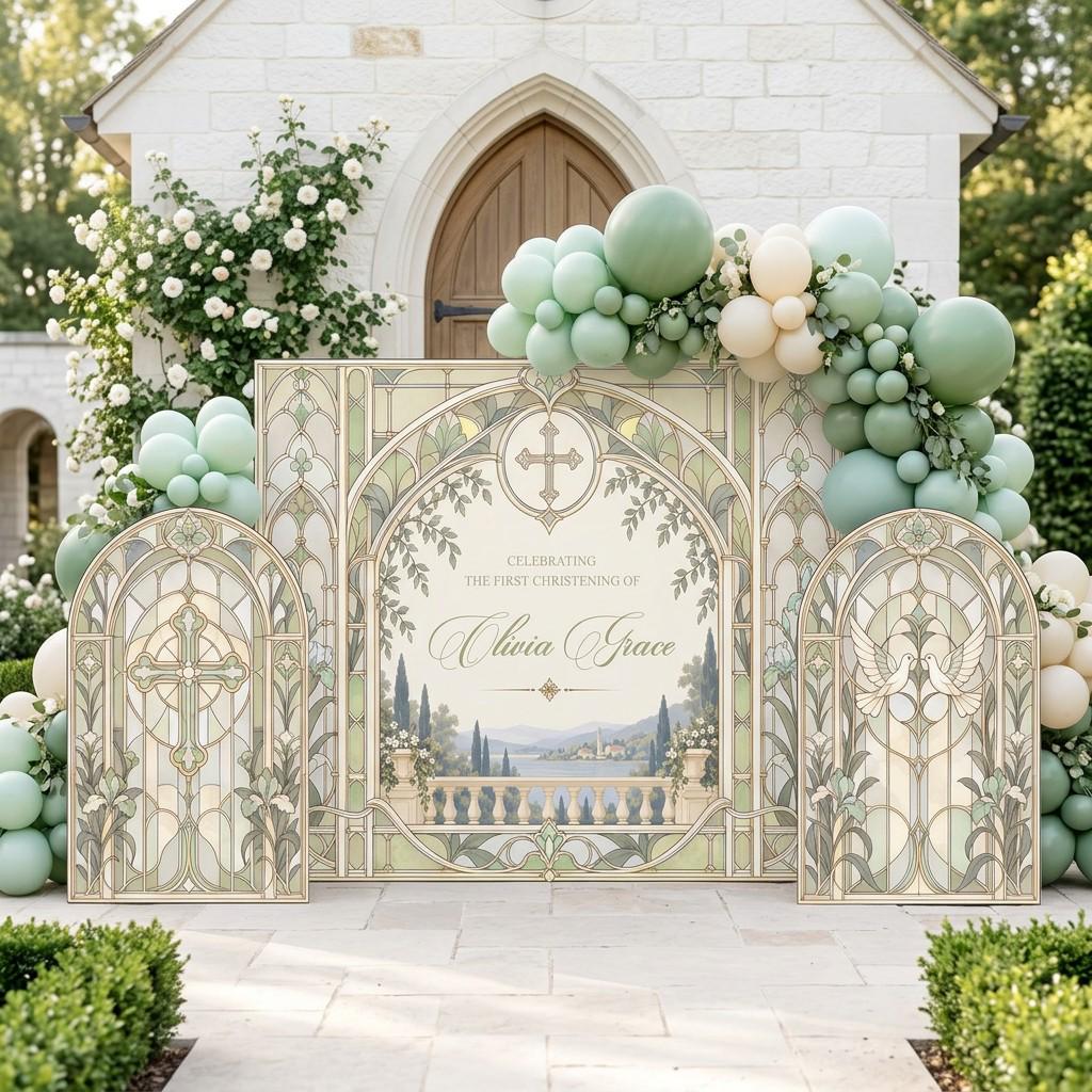 Pink Stained Glass Christening Backdrop Set