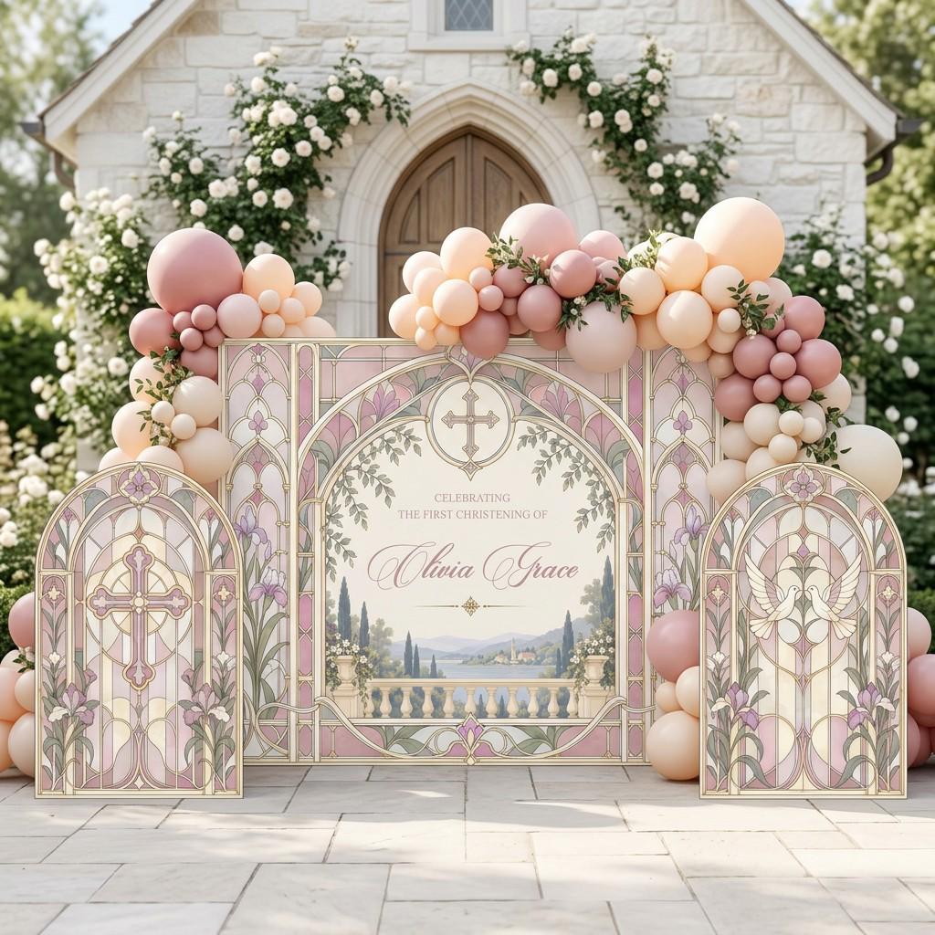 Pink Stained Glass Christening Backdrop Set