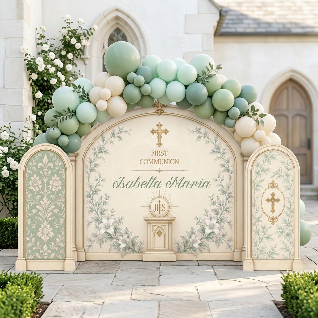 Sage Damask Floral First Communion Set
