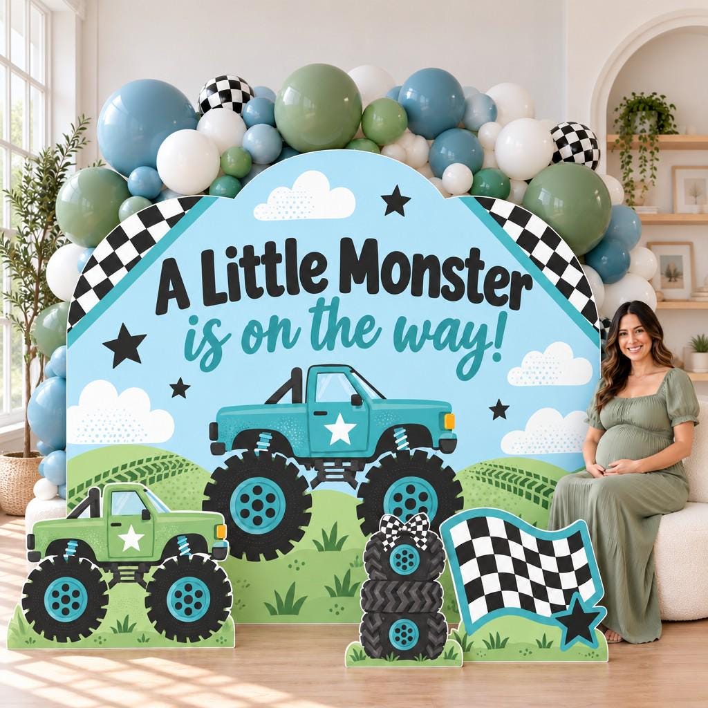 Lime Green Monster Truck Baby Shower Set