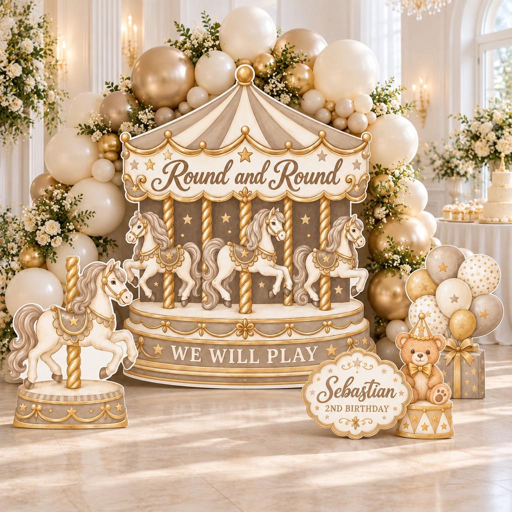 Gold Cream Merry-Go-Round Birthday Backdrop