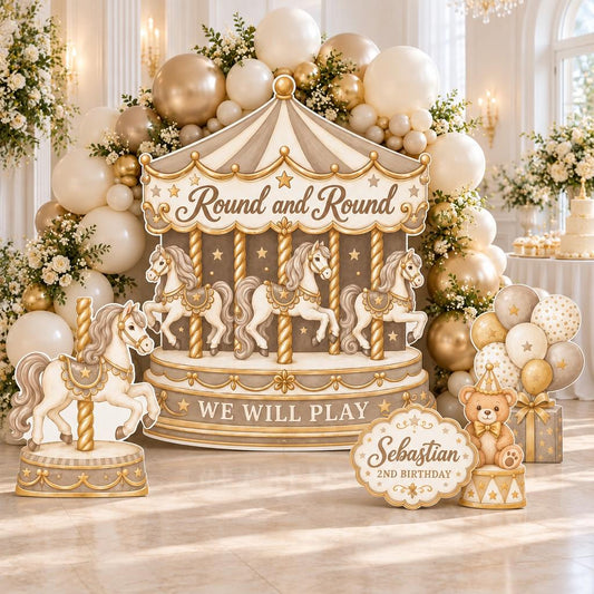 Gold Cream Merry-Go-Round Birthday Backdrop