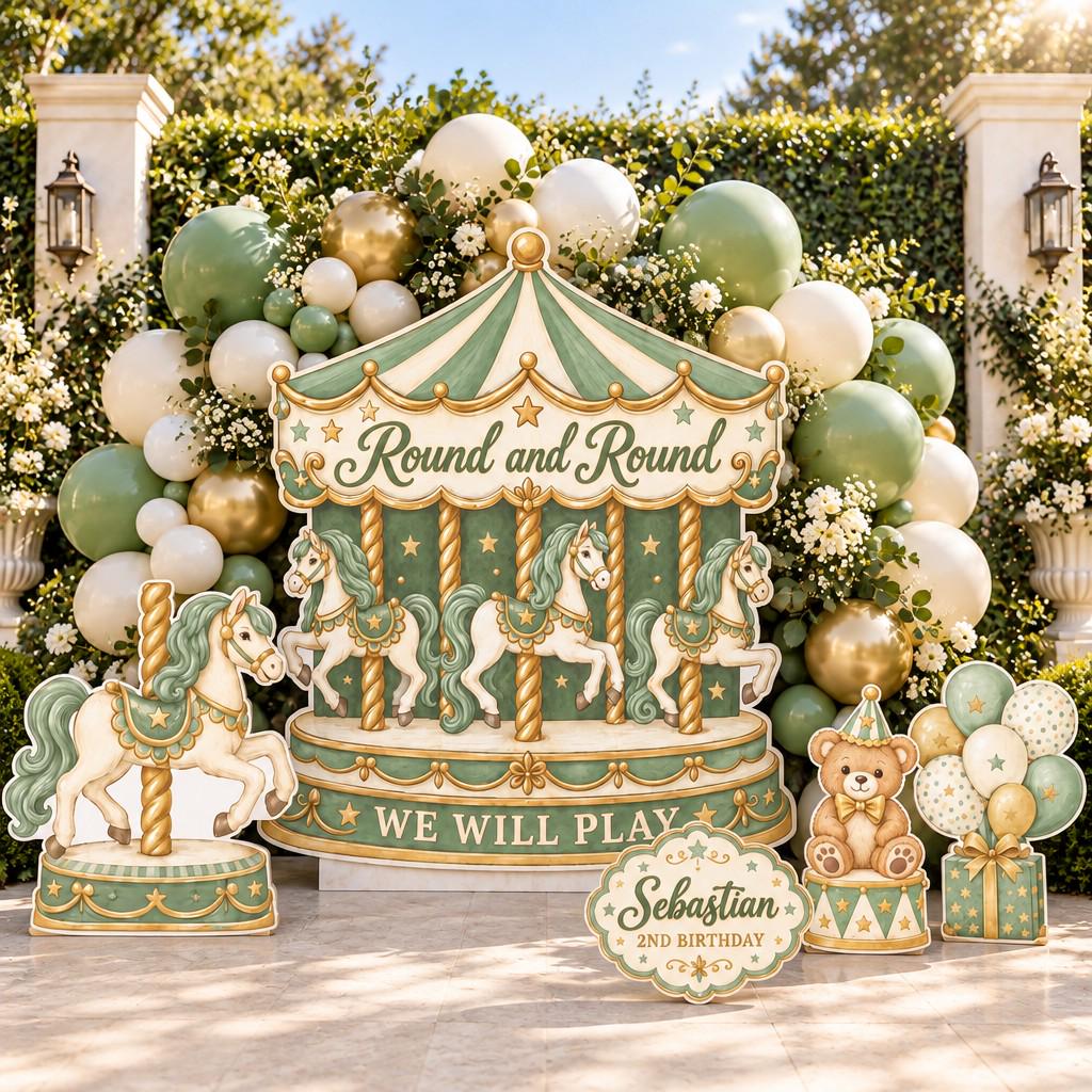 Gold Cream Merry-Go-Round Birthday Backdrop
