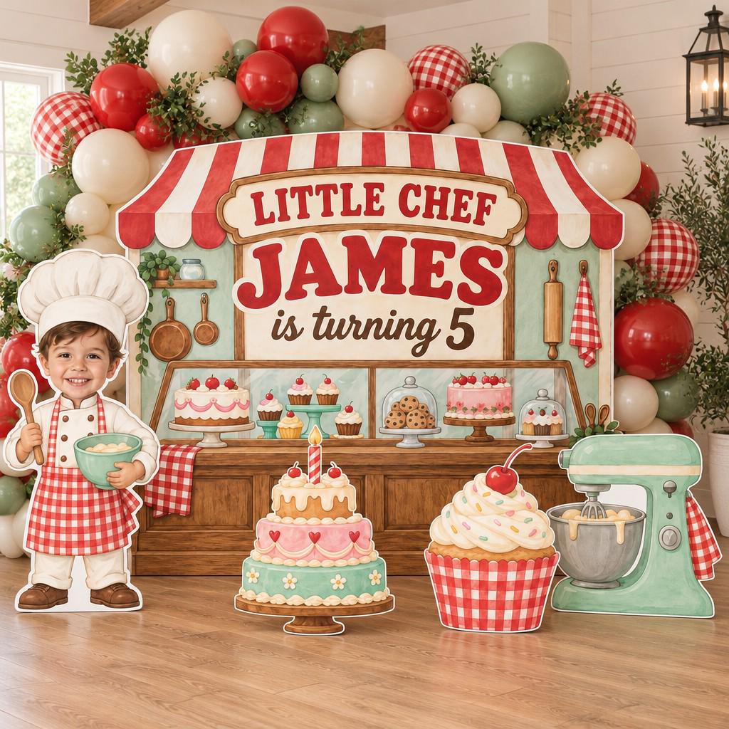 Red Gingham Little Chef Bakery Backdrop Set