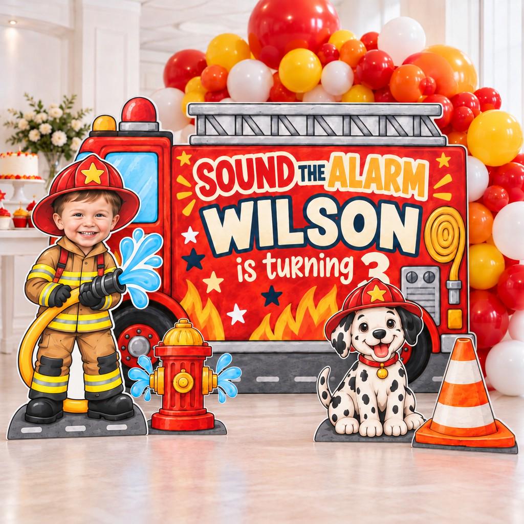 Red Fire Truck Sound the Alarm Backdrop Set