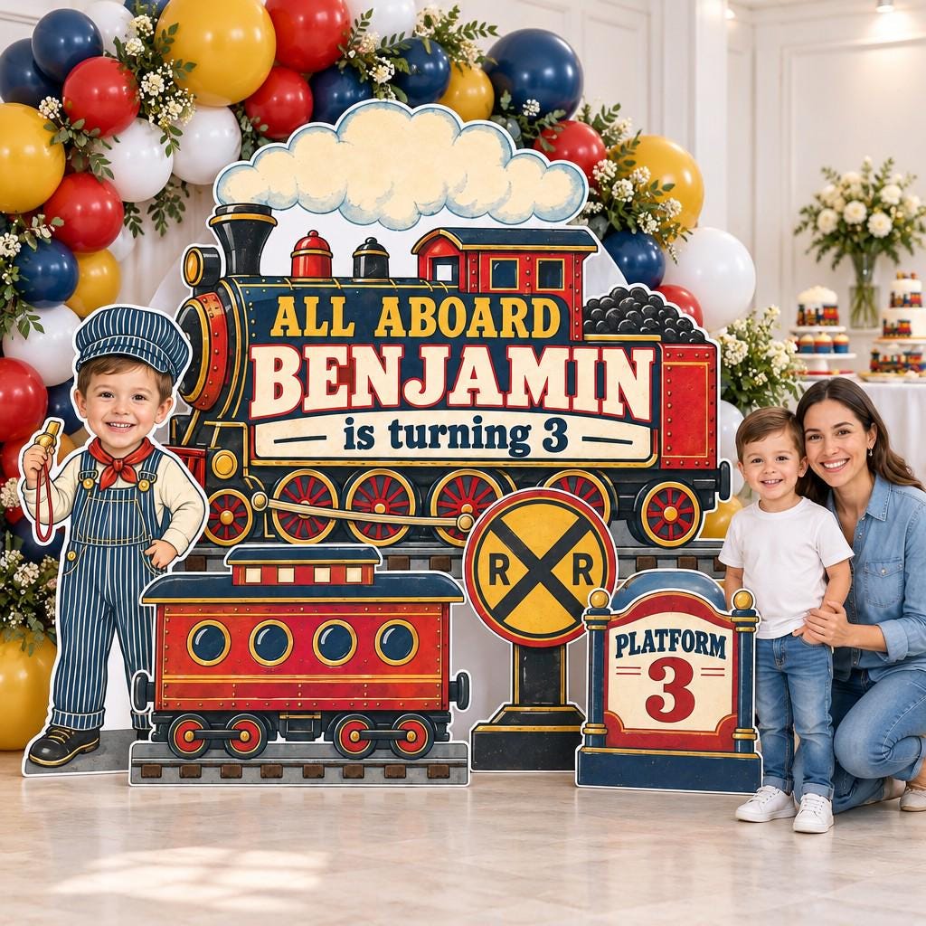 Vintage Red Steam Train Station Set