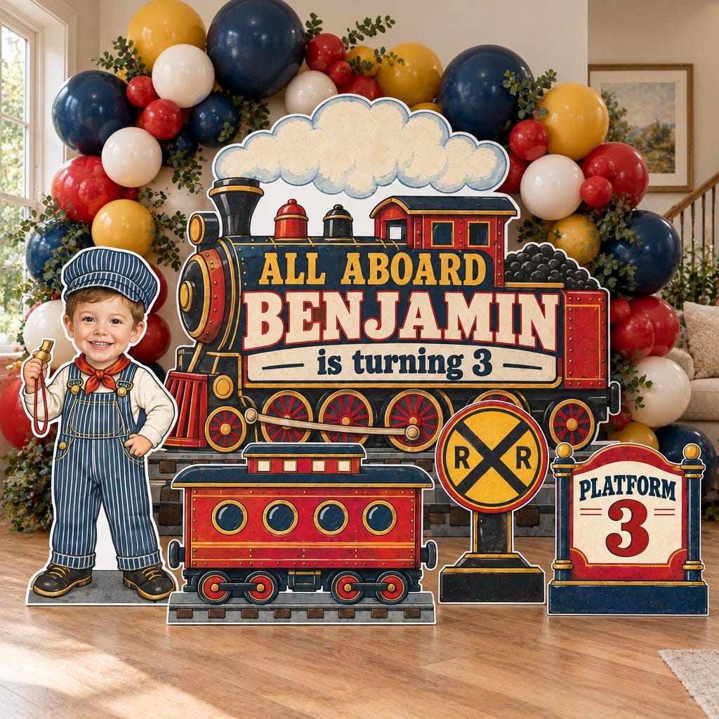 Vintage Red Steam Train Station Set