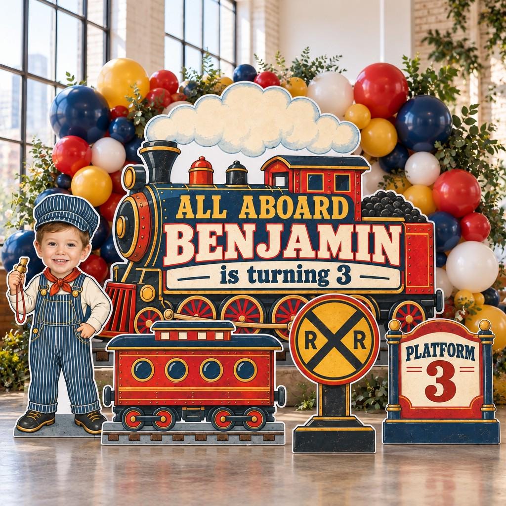 Vintage Red Steam Train Station Set
