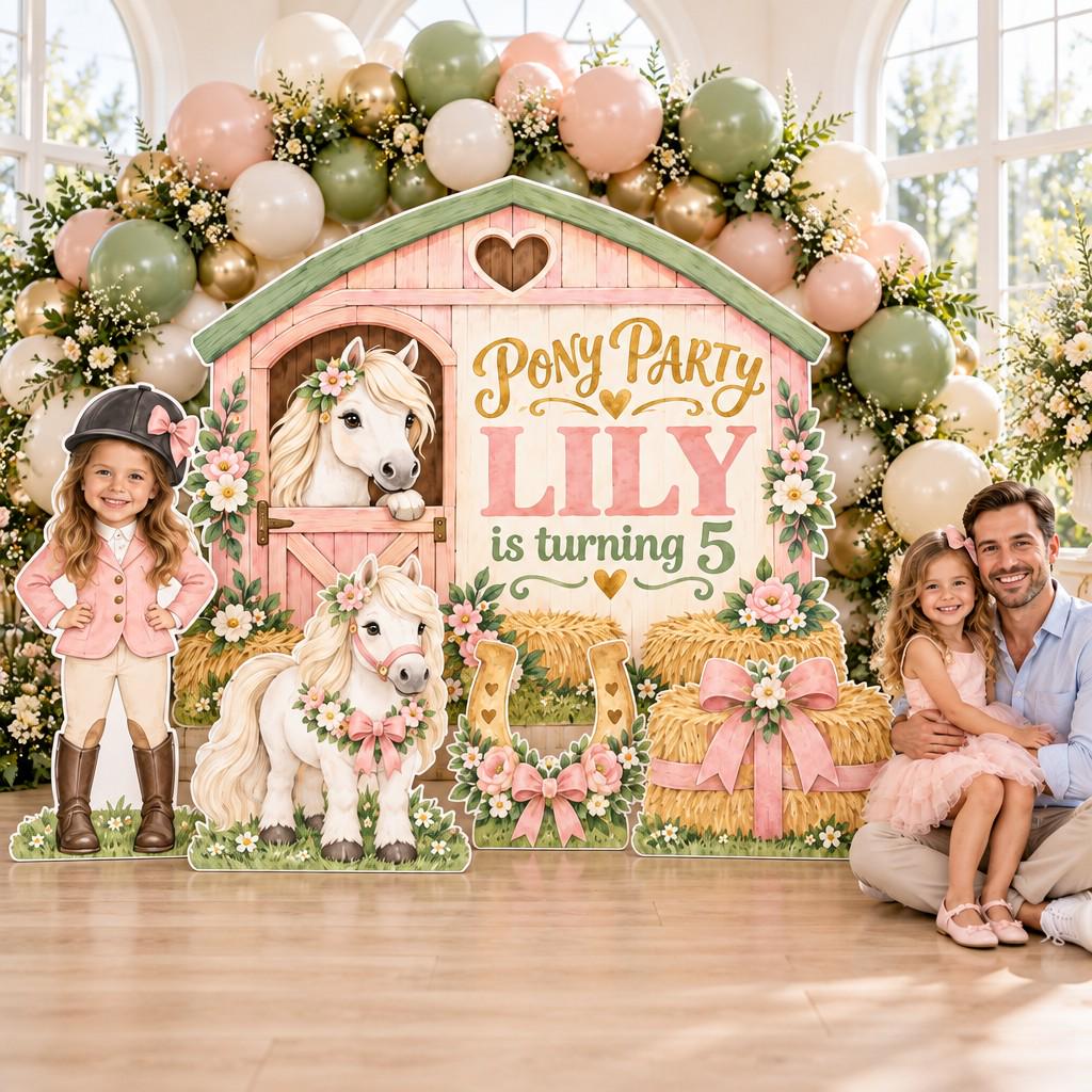 Pink Stable Pony Party Backdrop Set