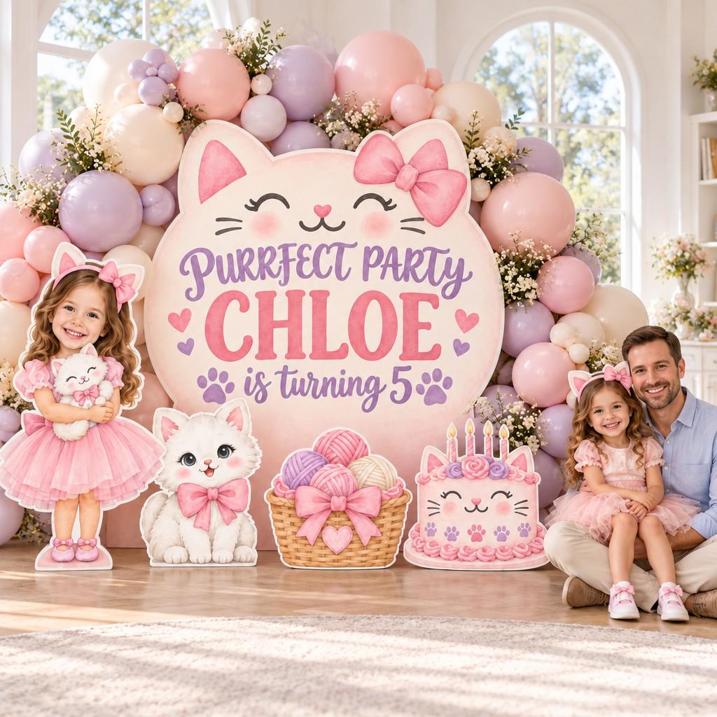 Pink Lilac Kitty Face Birthday Backdrop Set