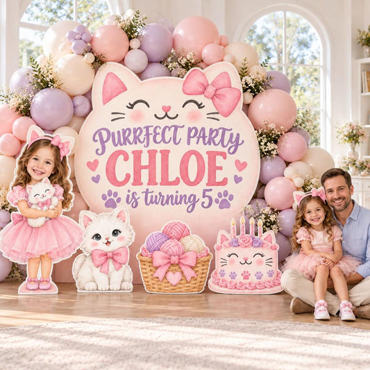 Pink Lilac Kitty Face Birthday Backdrop Set