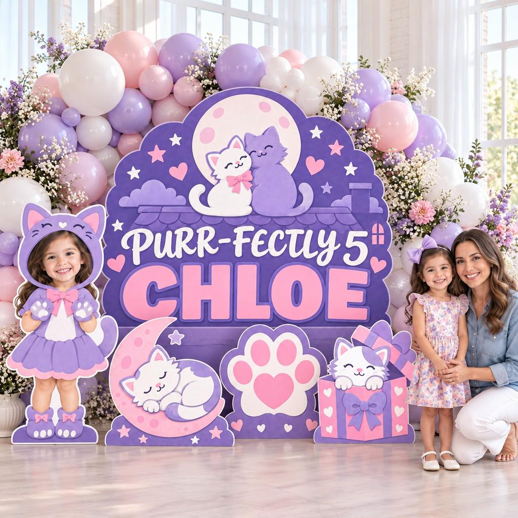 Pink Lilac Kitty Face Birthday Backdrop Set