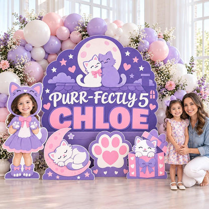 Pink Lilac Kitty Face Birthday Backdrop Set