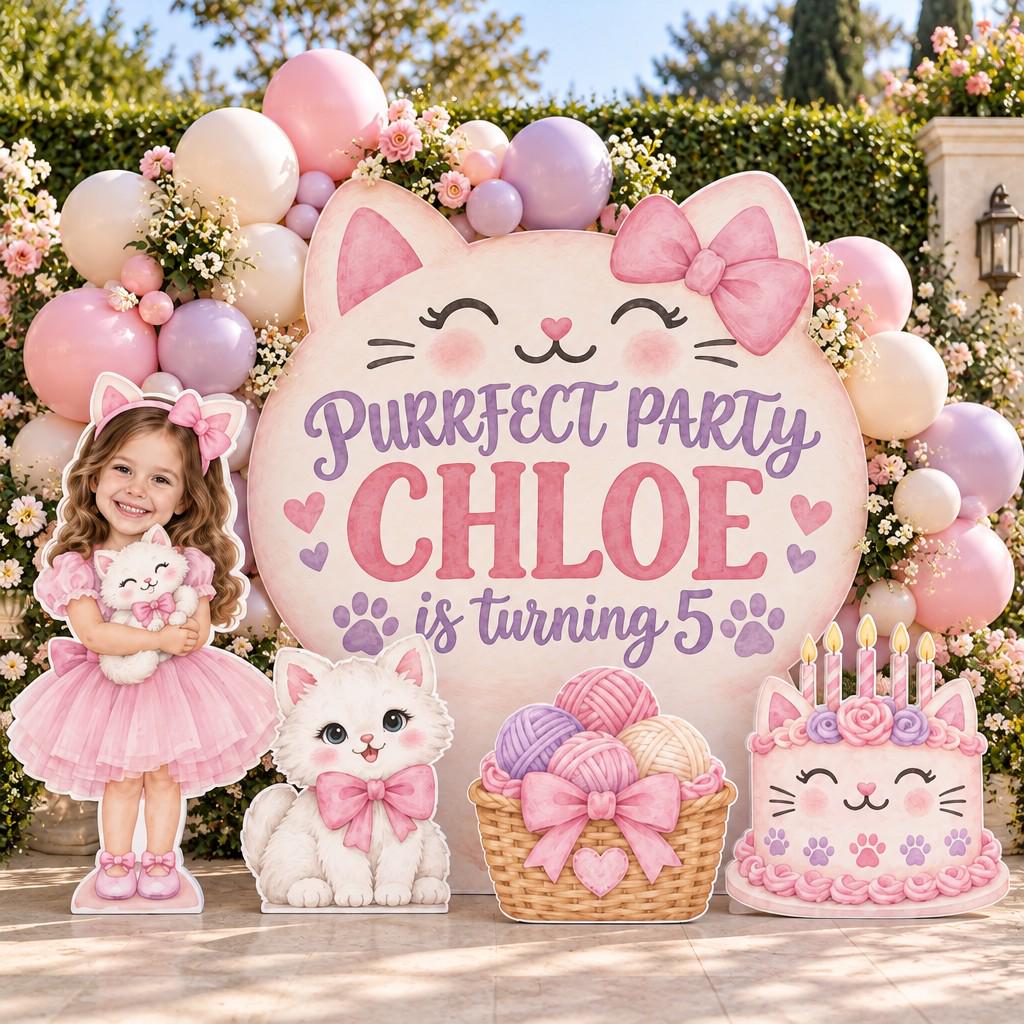 Pink Lilac Kitty Face Birthday Backdrop Set