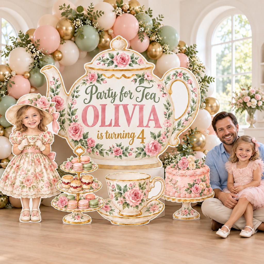 Pink Floral Teapot Tea Party Backdrop Set
