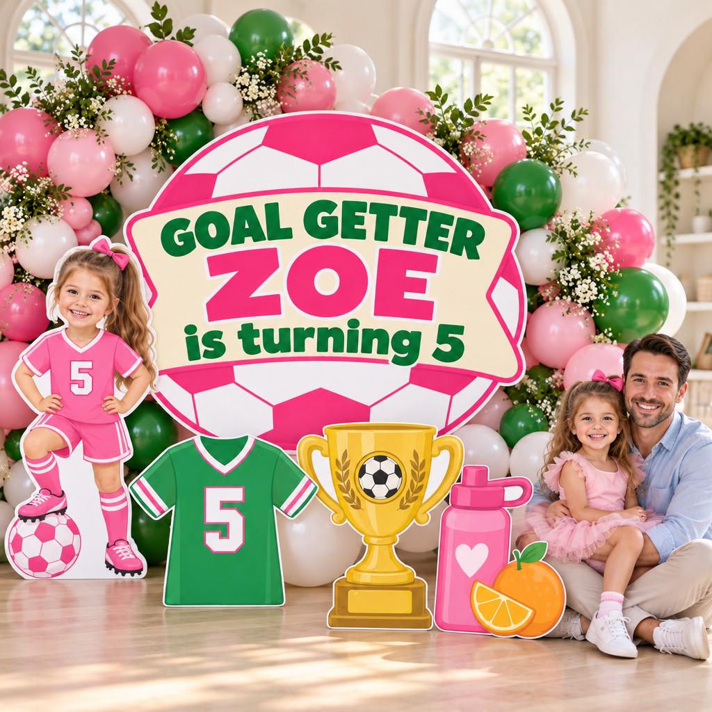 Pink Soccer Ball Goal Getter Backdrop Set