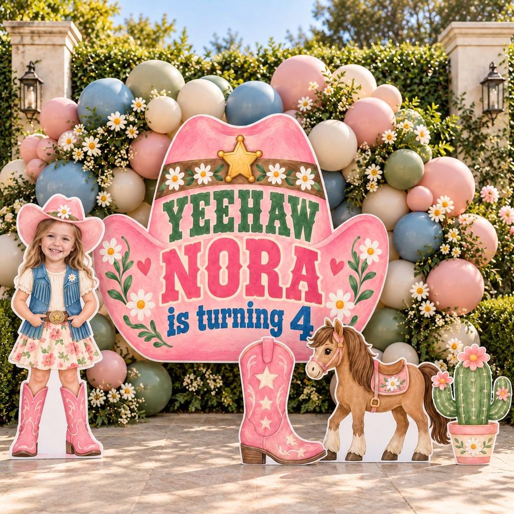Pink Cowgirl Hat Birthday Backdrop Set