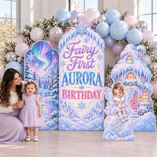 Icy Aurora Winter Fairy First Backdrop Set