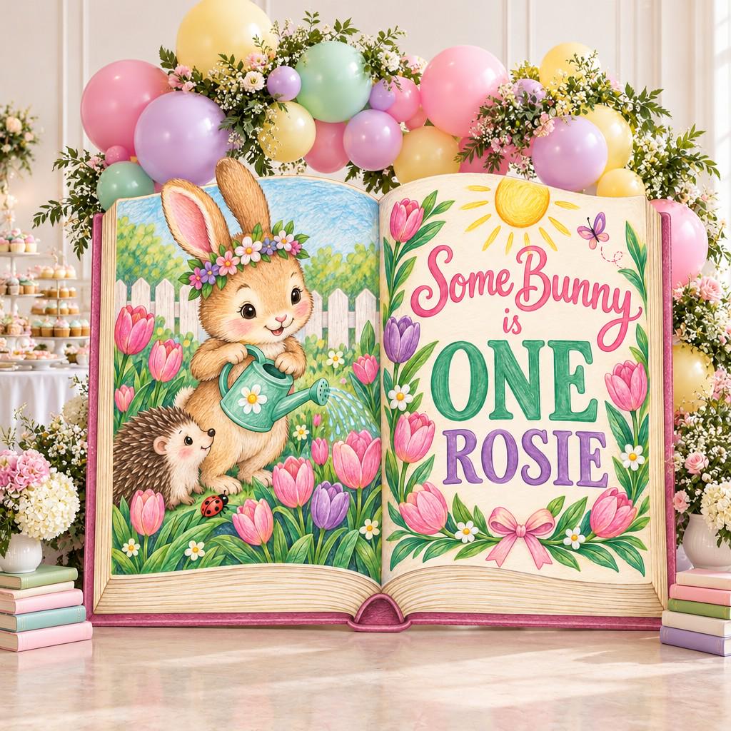 Tulip Garden Bunny Open Book Backdrop