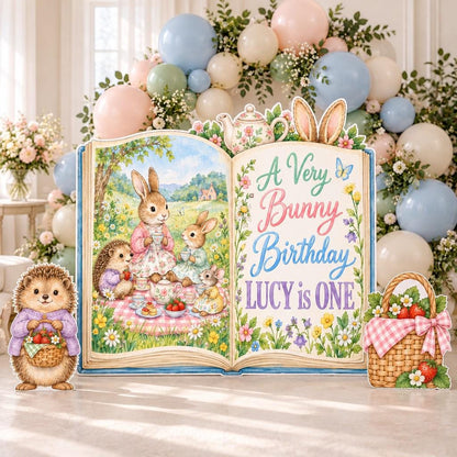 Bunny Picnic Open Book Birthday Backdrop