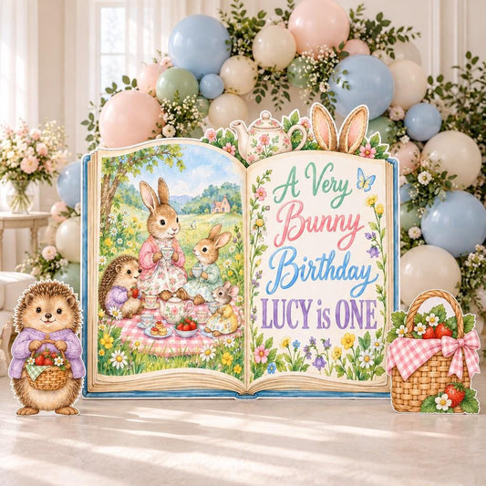 Bunny Picnic Open Book Birthday Backdrop