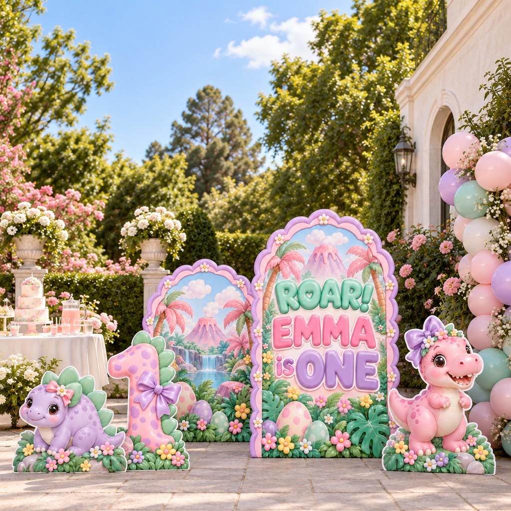 Pink Dino Roar First Birthday Arch Set