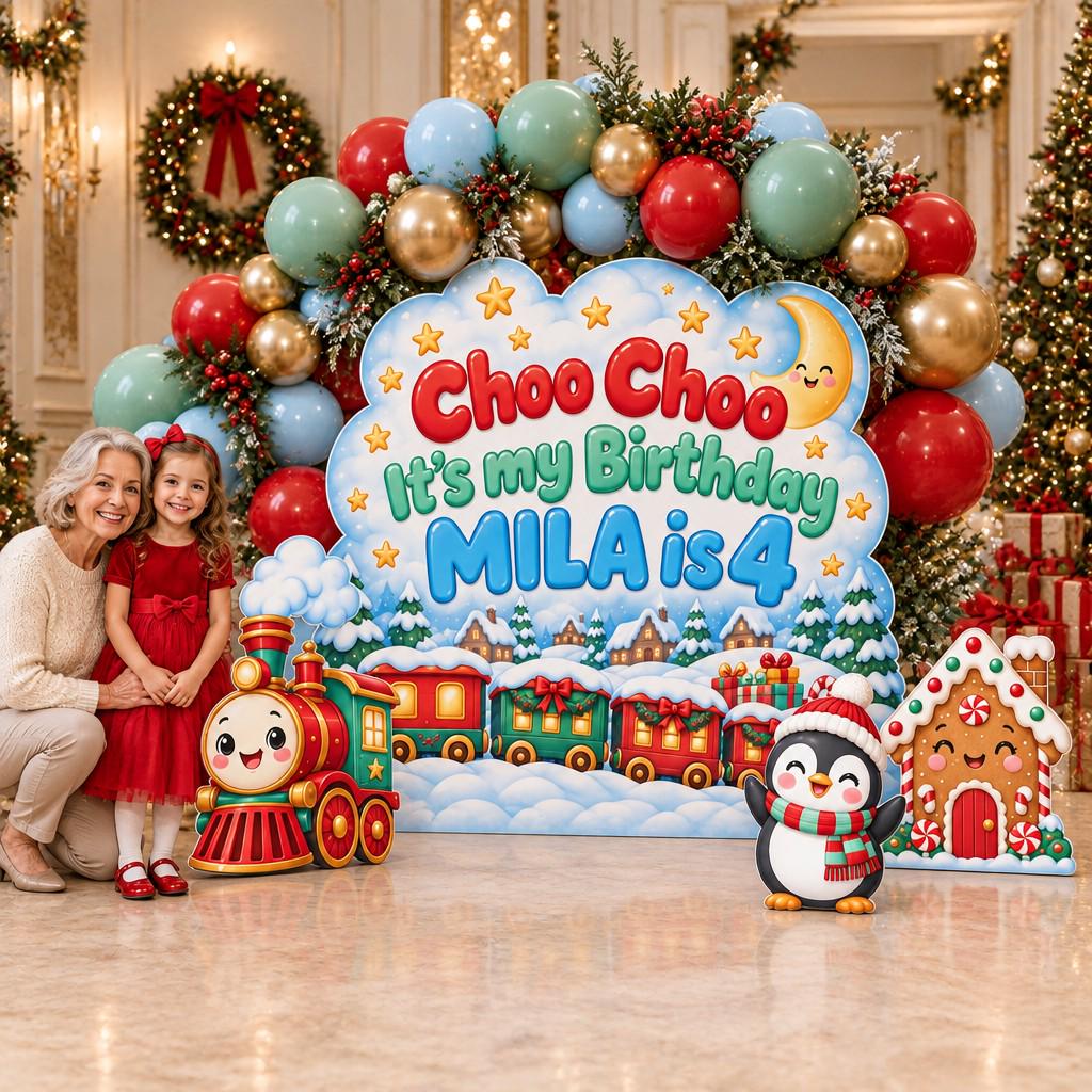Snowy Cloud Christmas Train Backdrop Set