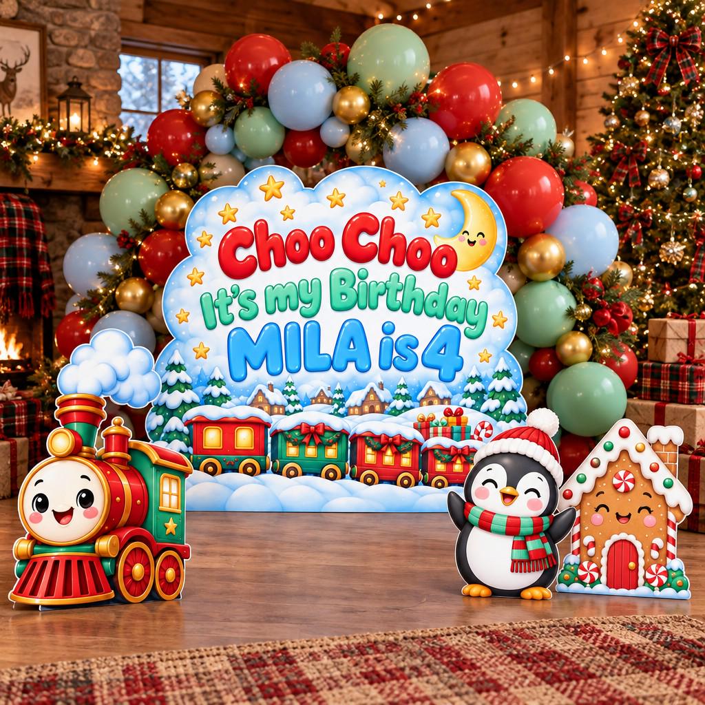 Snowy Cloud Christmas Train Backdrop Set