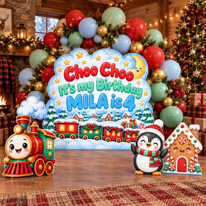 Snowy Cloud Christmas Train Backdrop Set