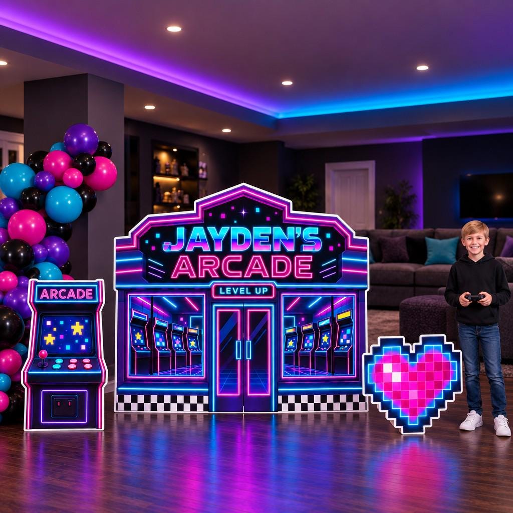 Neon Retro Arcade Storefront Backdrop Set