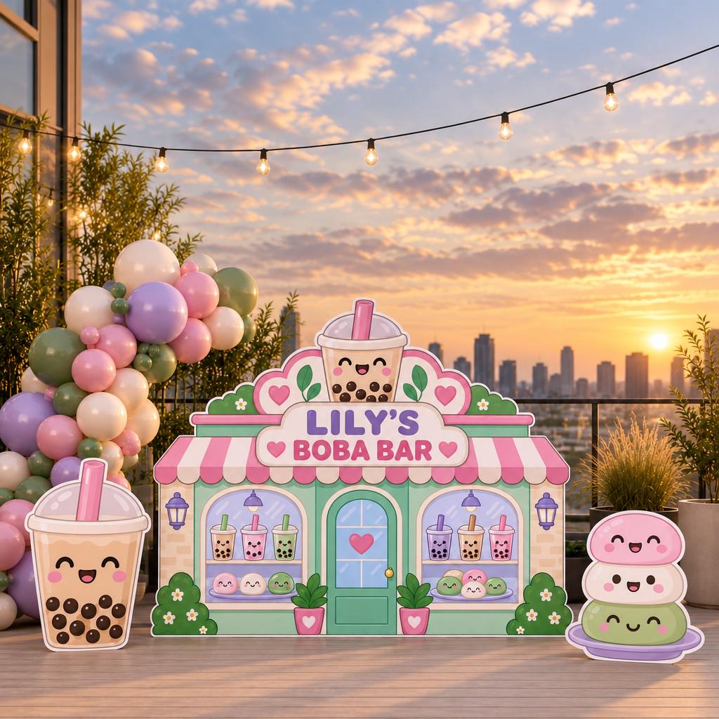 Pastel Kawaii Boba Shop Backdrop Set