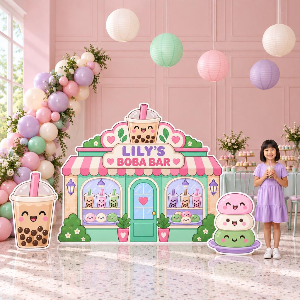 Pastel Kawaii Boba Shop Backdrop Set