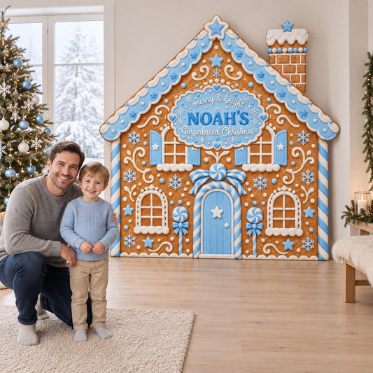 Blue Frosted Gingerbread House Backdrop