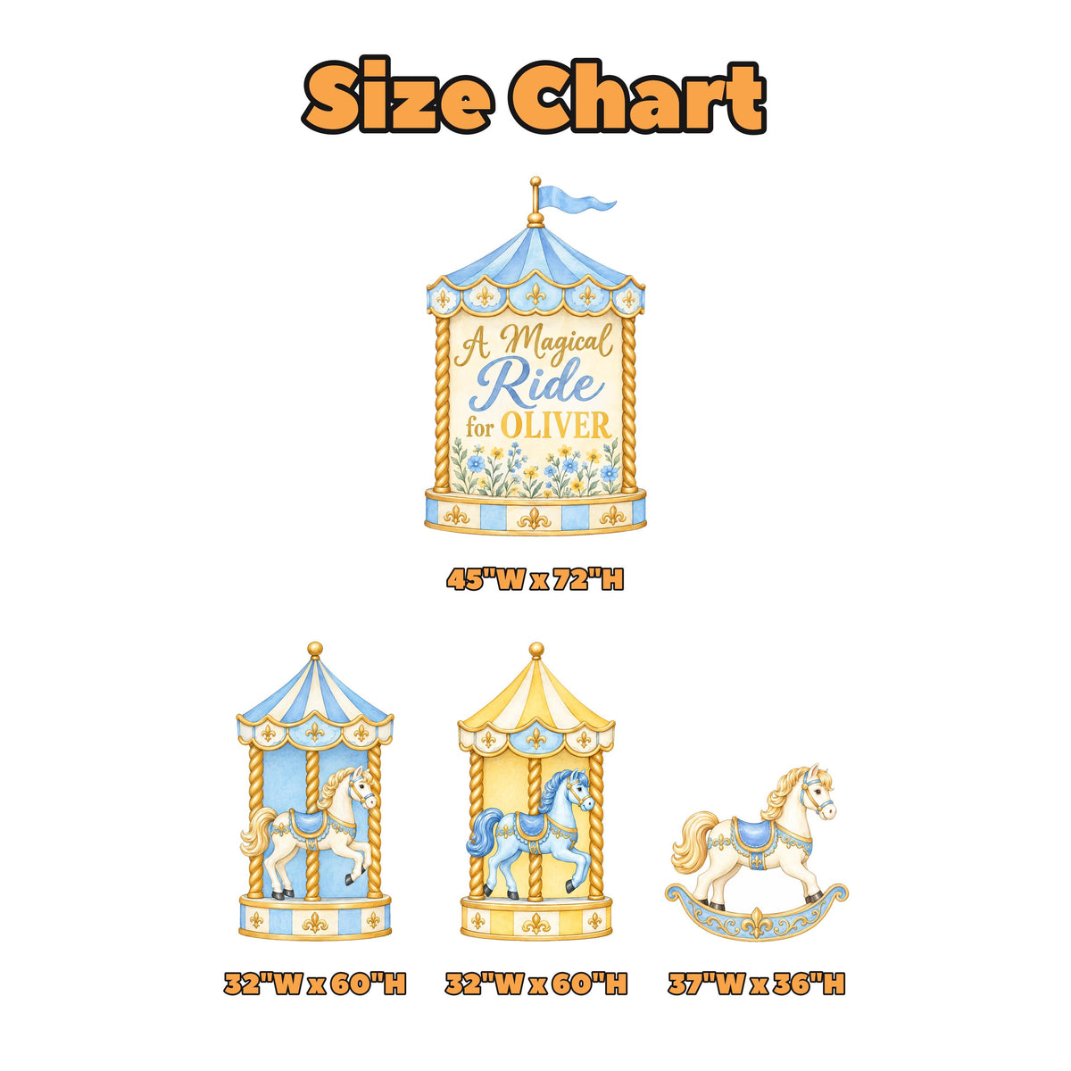 Blue Gold Fleur Carousel Rocking Horse Set