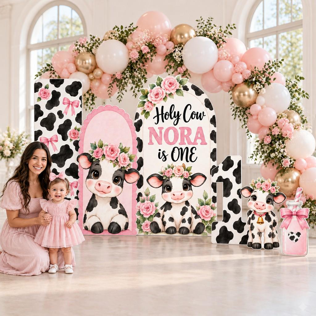 Pink Floral Holy Cow First Birthday Set