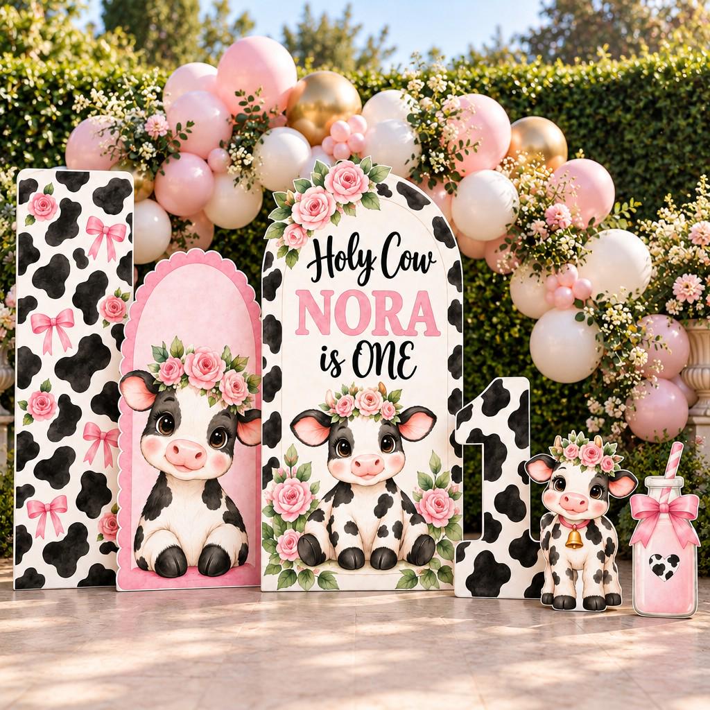 Pink Floral Holy Cow First Birthday Set