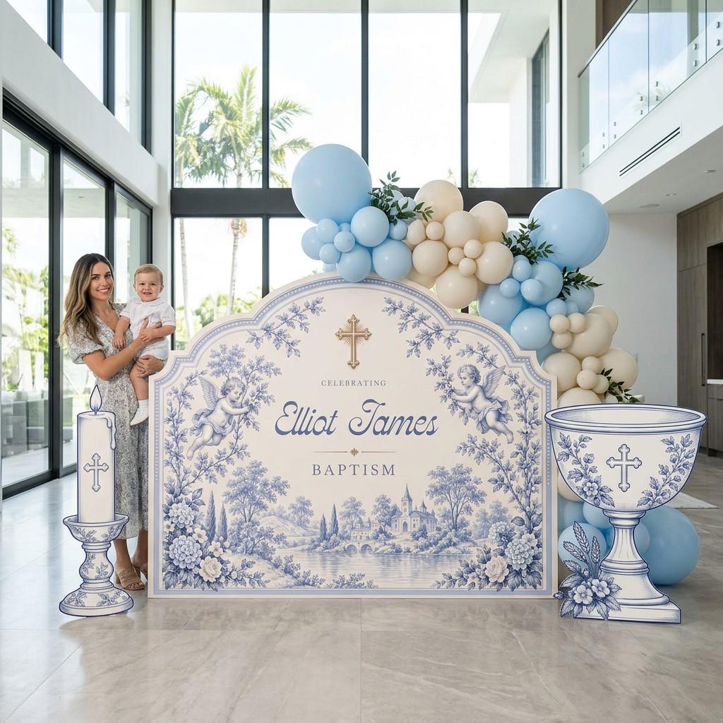 Blue Toile Cherub Chalice Baptism Set