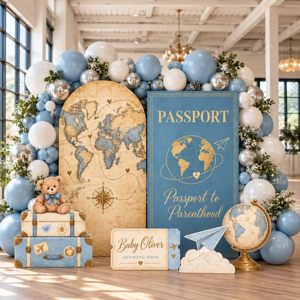 Vintage World Map Passport Baby Shower Set