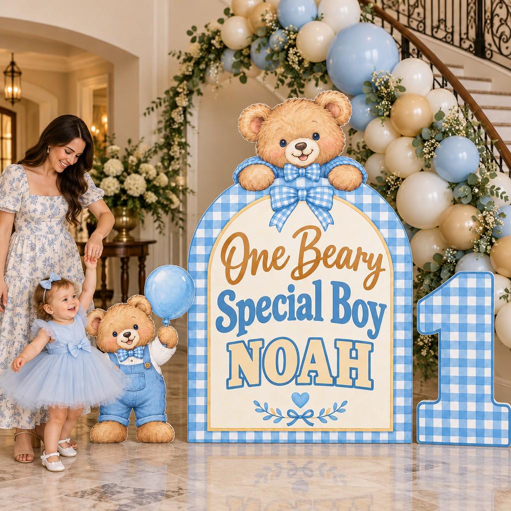 Blue Gingham One Beary Special Boy Arch