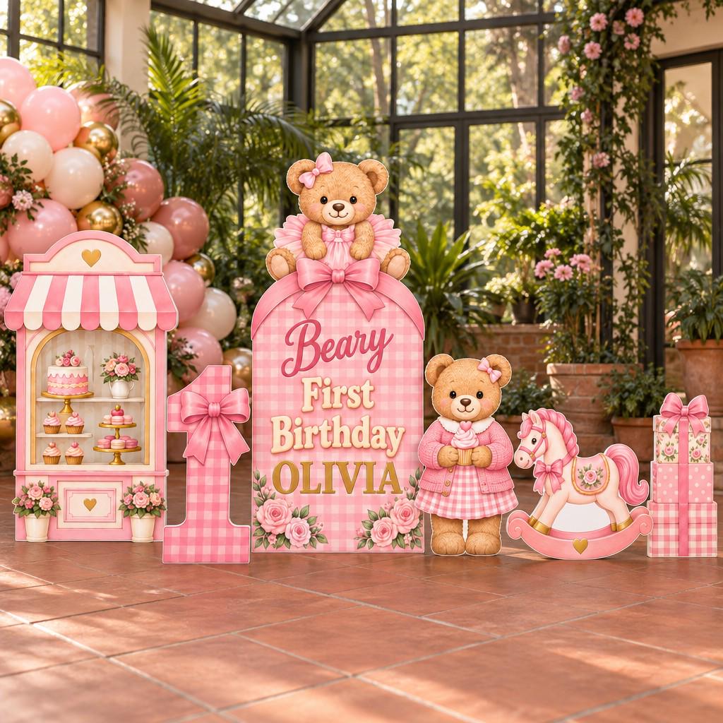 Pink Gingham Beary First Birthday Set