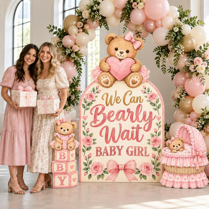 Pink Floral Bearly Wait Baby Shower Set