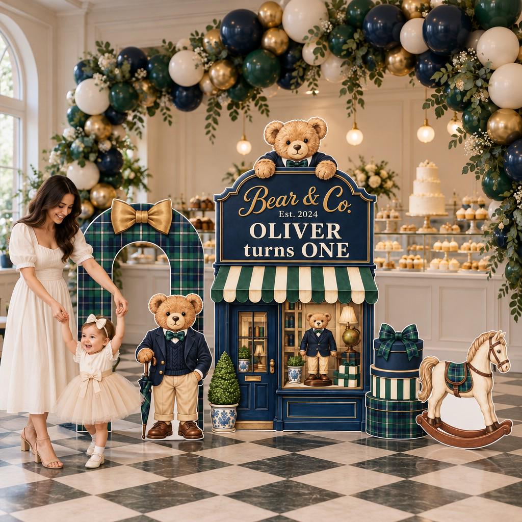 Navy Storefront Gentleman Bear Backdrop Set