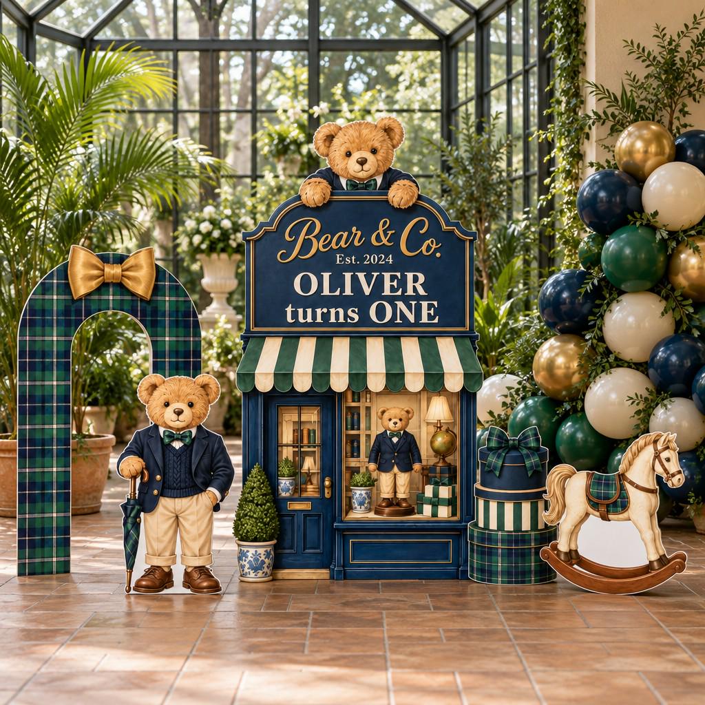 Navy Storefront Gentleman Bear Backdrop Set