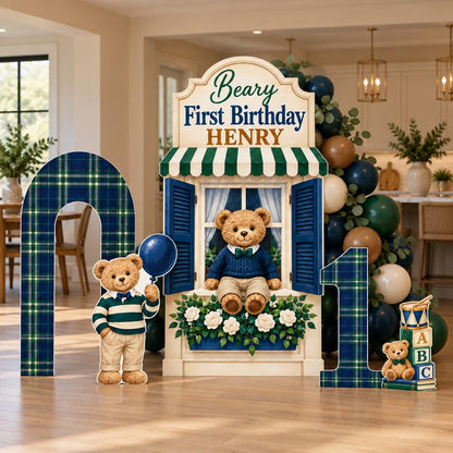 French Window Tartan Teddy First Birthday Set