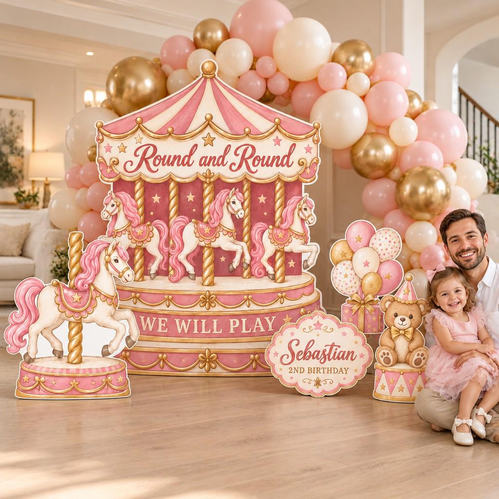 Gold Cream Merry-Go-Round Birthday Backdrop