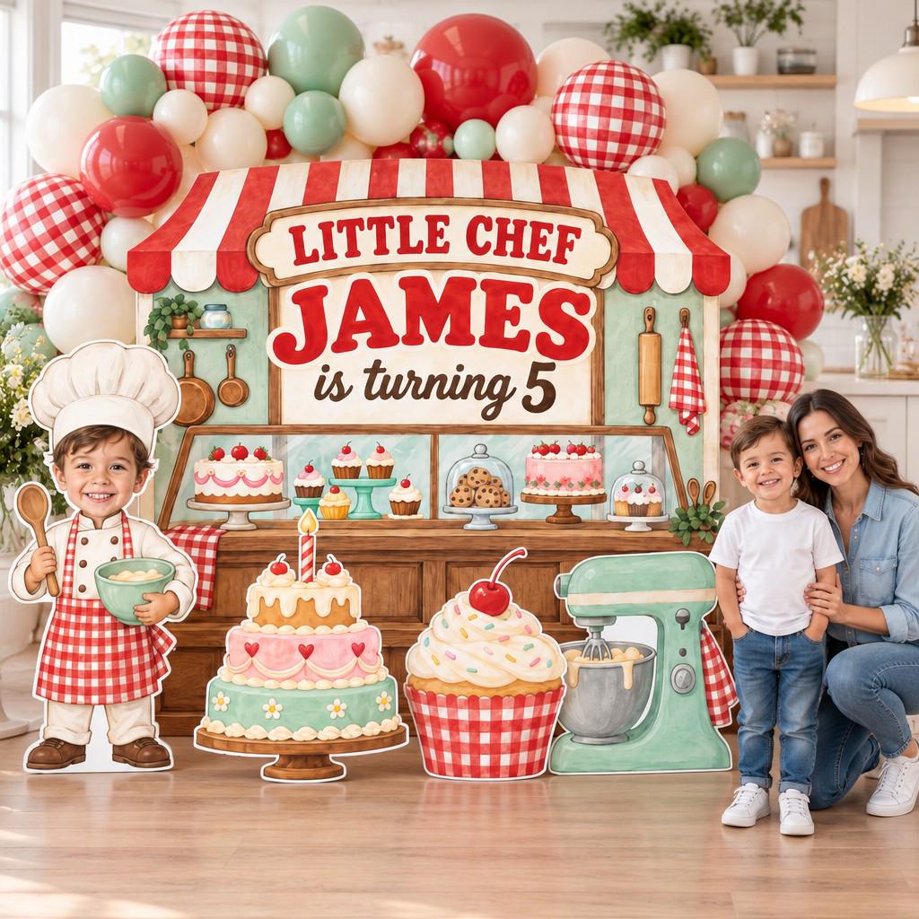 Red Gingham Little Chef Bakery Backdrop Set