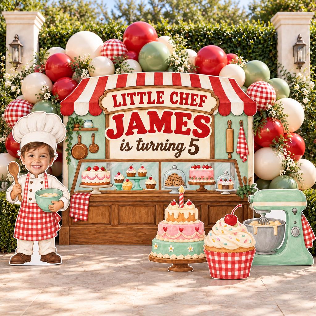 Red Gingham Little Chef Bakery Backdrop Set