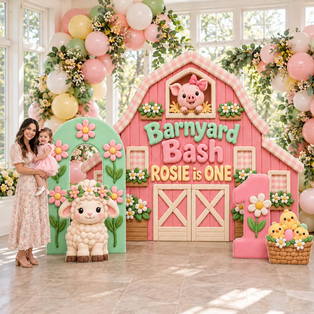 Pink Clay Barn Barnyard Bash Backdrop Set
