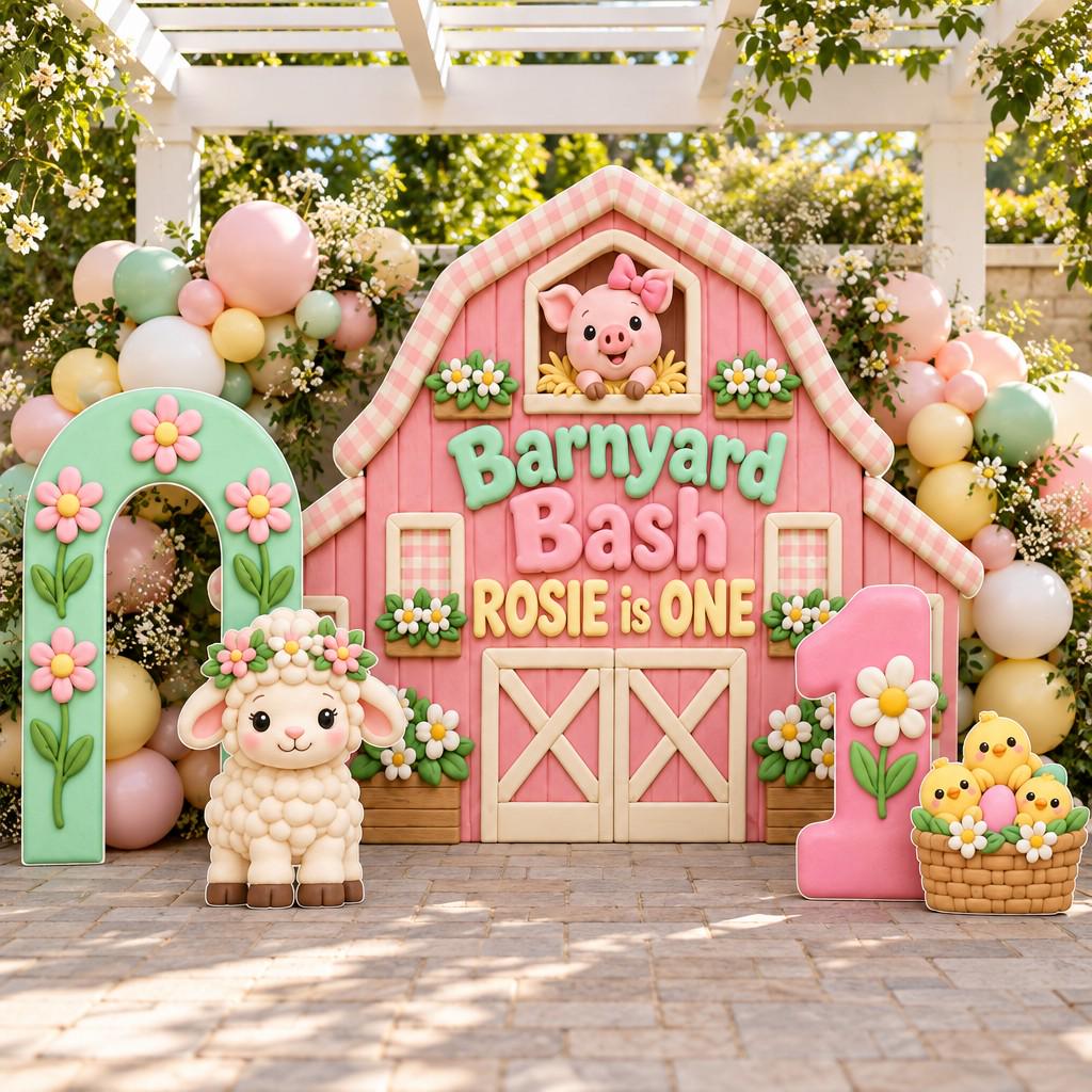 Pink Clay Barn Barnyard Bash Backdrop Set