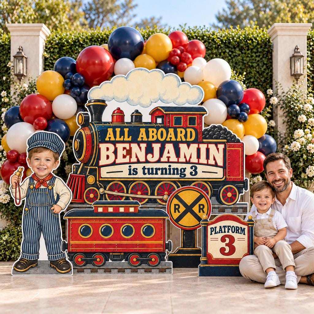 Vintage Red Steam Train Station Set
